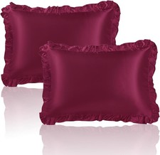 Ruffle Satin Pillowcase Wine Red Standard Set of 2 Imitate Silk Hair and Skin