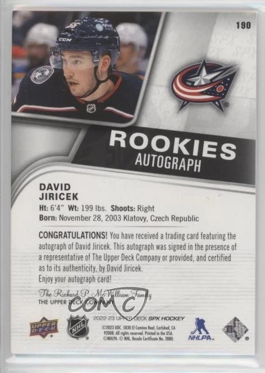 2022-23 SPx Rookies Auto David Jiricek #190 Rookie Auto RC - Image 2 of 2
