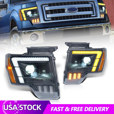 Pair LED Headlight For 2009-2014 Ford F-150 Amber/White DRL Animation Sequential