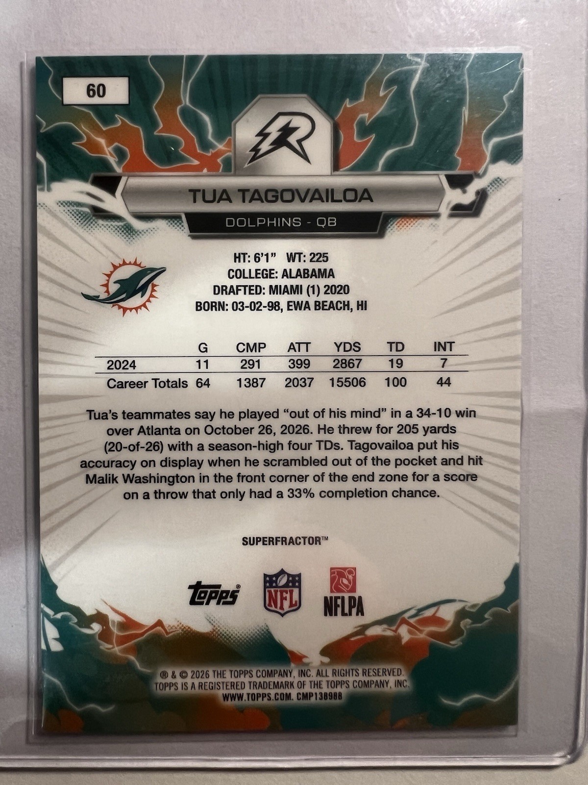 2025-26 Topps Resurgence NFL Football Tua Tagovailoa Dolphins SUPERFRACTOR 1/1 view 3