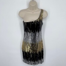 Profile Cocktail Dress NEW Junior S Black Gold Silver Sequin Lined One Shoulder