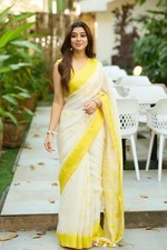 Exclusive White Yellow Saree With Beautiful Blouse For Women Traditional Wear