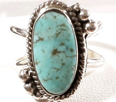 NAVAJO RUNNING BEAR STERLING DOUBLE BAND KINGMAN TURQUOISE SIZE 9 RING 4.5g