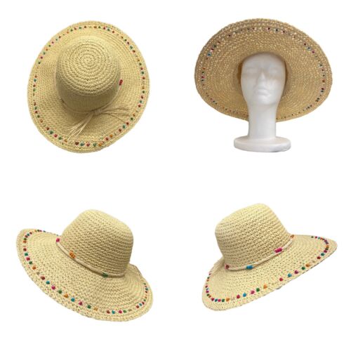 Ladies Holiday Wide Brim Crushable Packable Bead Trim Straw Sun Hat 56cm 57cm - Picture 1 of 18