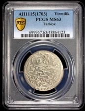 AH1115 1703 Turkey Yirmilik, 1/2 Kurush, PCGS MS 63, KM-153, Flashy