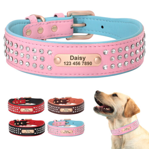 Personalized Pet Dog Leather Collar Rhinestone Diamante Name Number ID Engraved - Afbeelding 1 van 17