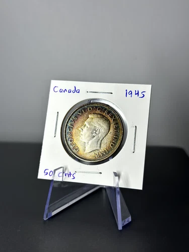 1945 Canada Silver Half Dollar 80% Silver KM# 36 George VI Beautiful Toning