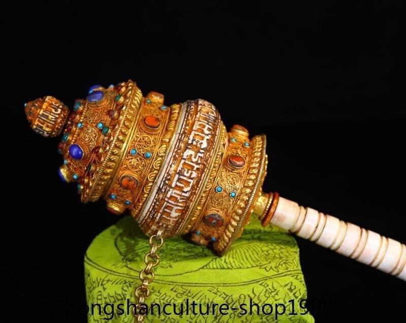 13" bronce plata incrustación gema oro instrumentos budistas exorcismo urdimbre rueda de oración Foto 2 de 4