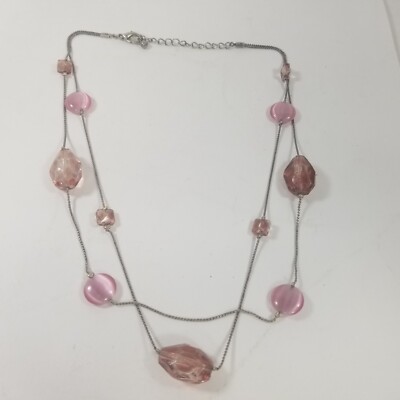 Station Necklace Glass Bead Multi Strand Pink Rose Silver Tone Moonglow Choker