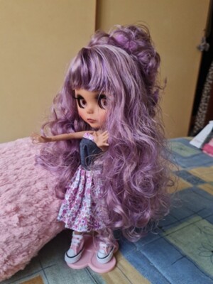 12'' Blythe doll Nude black skin joint body Purple mix gold curls hair matte face