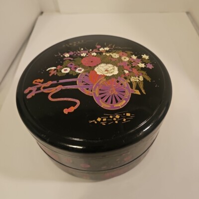 Vtg lacquer ware large round two tier container box + lid ~8'' HB11