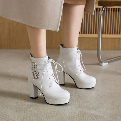 Women's Punk Ankle Boots Round Toe Block High Heel Buckle Platform Shoes 44-48 D - Picture 9 of 17