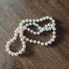 Vintage Japan Hand Knotted Faux Pearl Necklace Champagne Cream Glass 20" Clasp