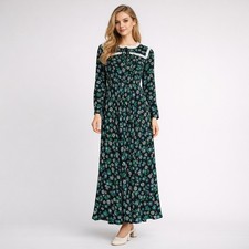 RIXO Dress Womens M Black Floral Maxi Long Sleeve Smocked Crochet Round Neck