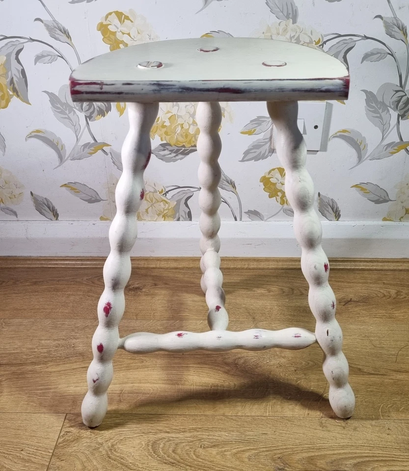 Taburete francés vintage Demi Lune trípode bobina 3 patas planta soporte envejecido blanco Foto 4 de 4