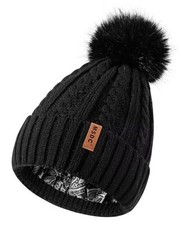 Satin Lined Beanie for Women with Pom Pom, Warm Womens Winter Hats with Black