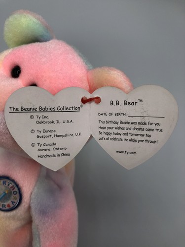 Ty Beanie Babies B. B. Bear 1999 PE Pellets VTG 90s Baby Stuffed Animal Birthday - Imagen 16 de 17