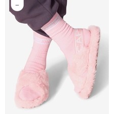 Capezio Pink Faux Fur Cross Strap Slippers with Logo Elastic Back Strap Size L 9