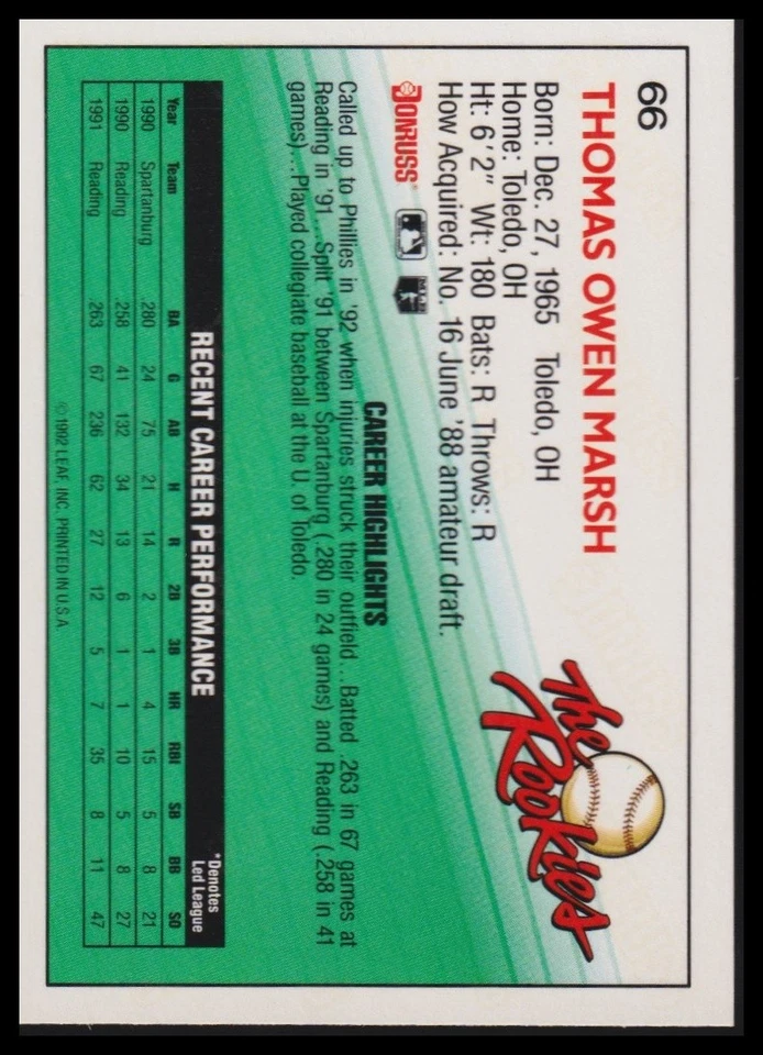 1992 Donruss The Rookies #66 Tom Marsh - Image 2 of 2