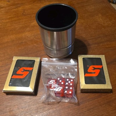  Snap On Stainless Steel Dice Cup With 5 Logo Dice And 2 Sets Of Playing Cards