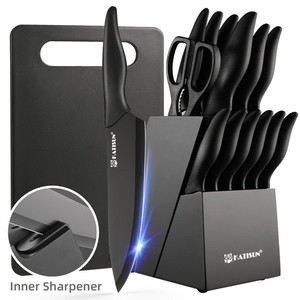 15 Pièces Couteau de cuisine de codage noir professionnel avec bloc en bois noir