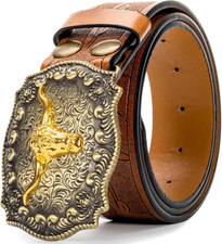 Western Cowboy PU Leather Belt - Men Waist Strap Bull Decoration Floral Engraved