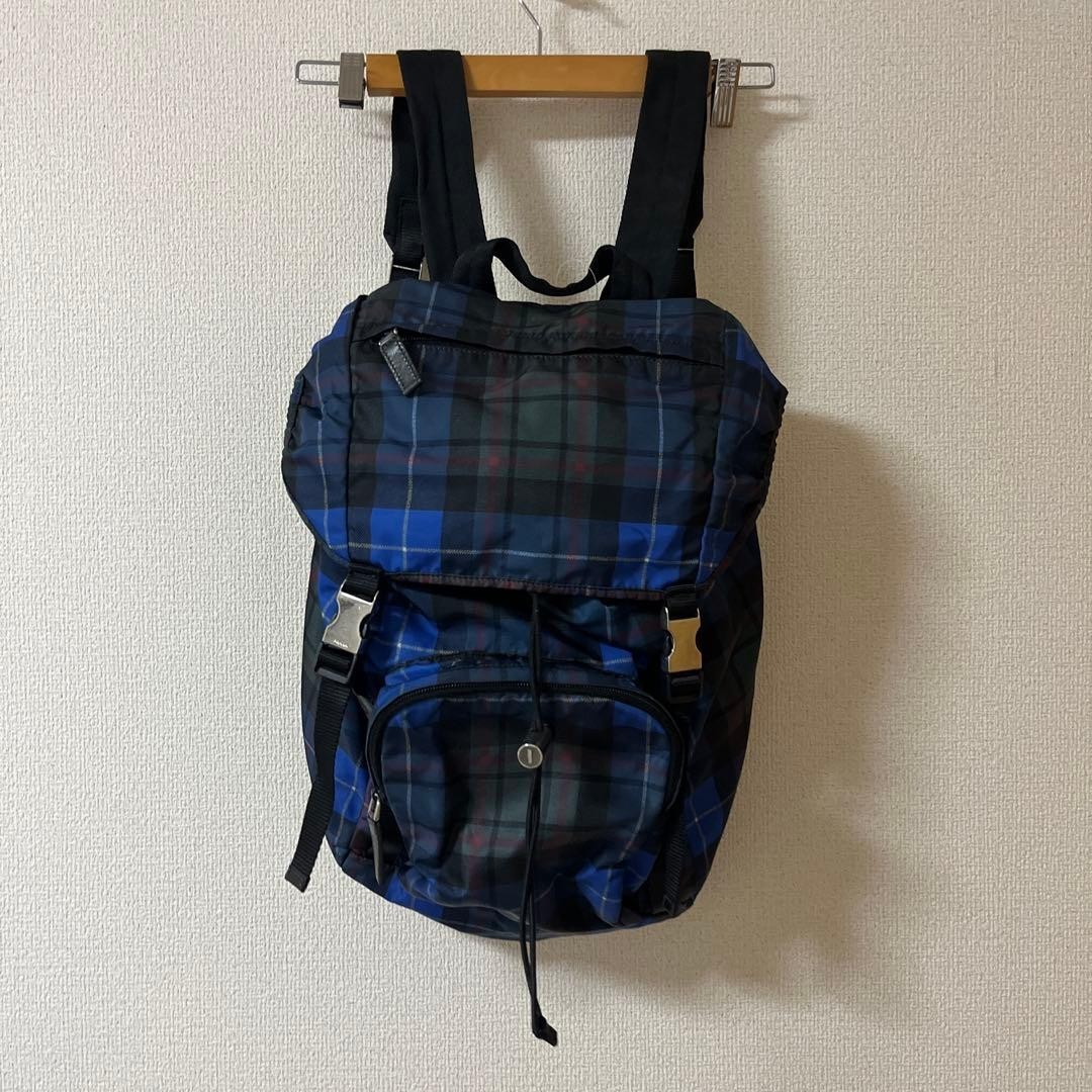 Authentic PRADA Plaid Nylon Backpack V135 Blue Black Red  display picture 3