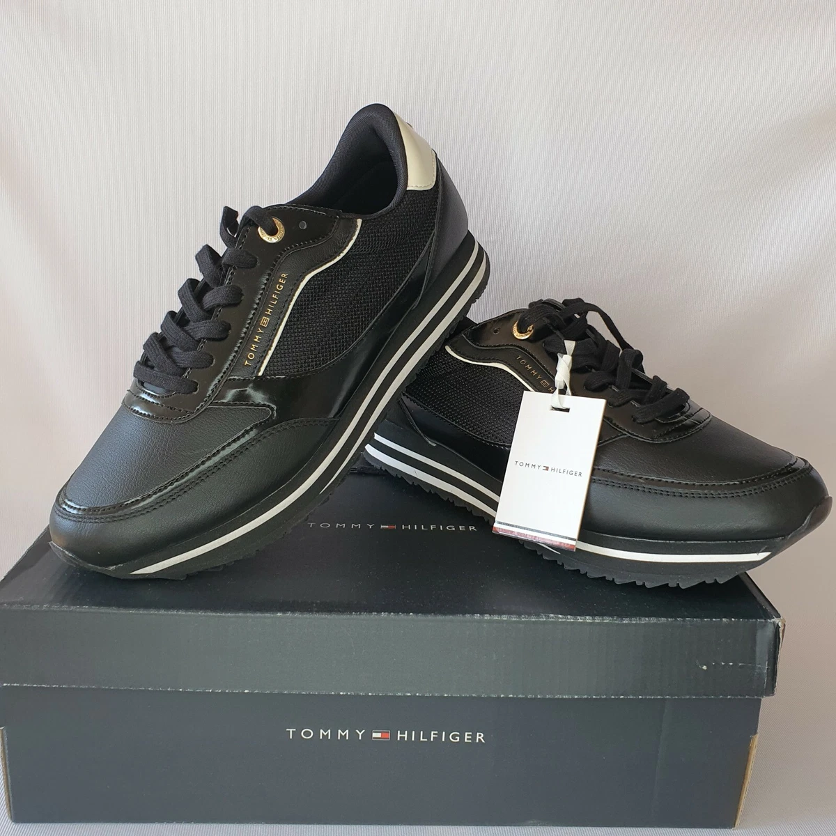 TOMMY HILFIGER WOMENS RETRO SNEAKER PLATFORMS TRAINERS BLACK UK7