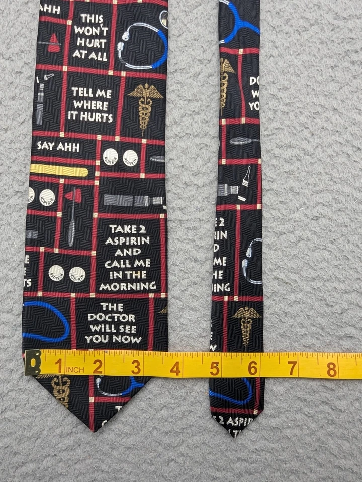 Corbata de colección Ralph Marlin caprichosa doctor MD AMA tema humorístico estampado de seda Foto 2 de 4