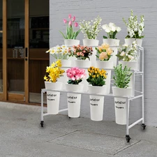3 Tier Moving Shelf Flower Display Stand Metal Flower Display Rack + 12 Buckets