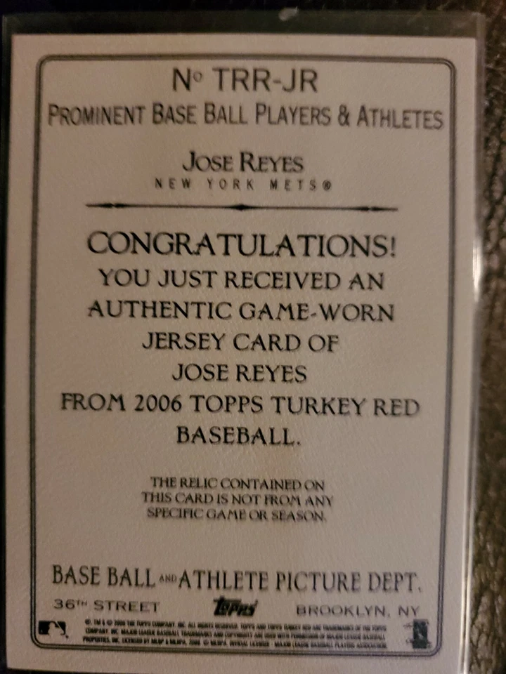 2006 TOPPS TURKEY RED JOSE REYES GAME USED WORN JERSEY CARD NY METS - Image 2 of 2