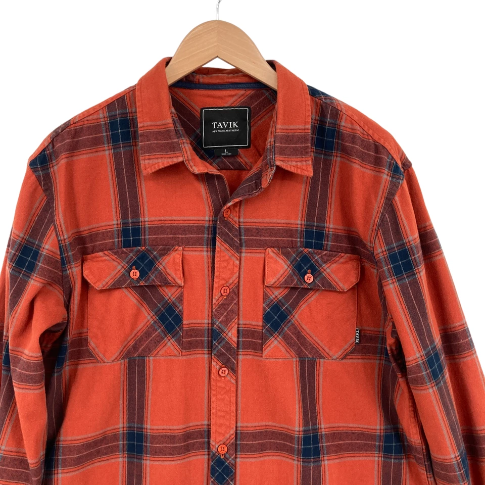 Tavik Button Up Shirt Mens Large Orange Plaid Flannel Cotton Long Sleeve Collar - Image 4 of 4