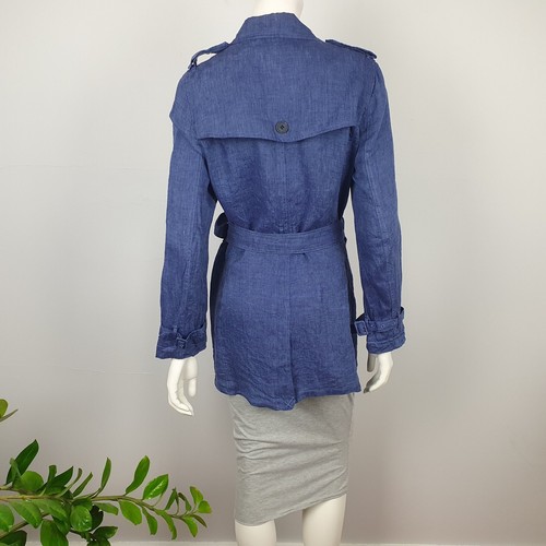 Sportscraft Size 10 Linen Long Jacket Blue Belt Pockets Long Sleeve Collar Women - Picture 7 of 15