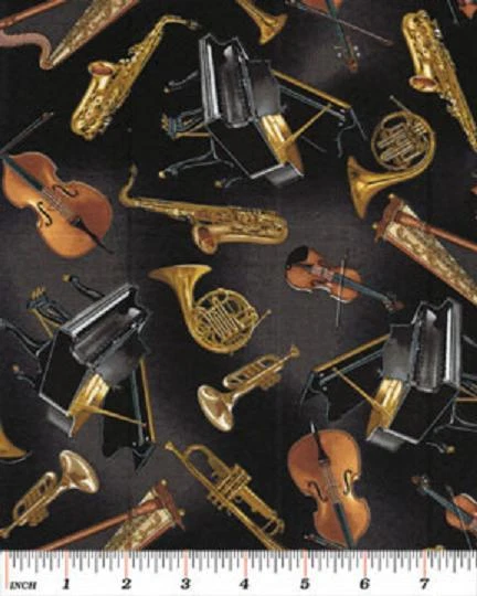 BENARTEX Fat Quarter Konzert geworfene Instrumente schwarz Baumwolle Quilten Stoff 50 x 55 cm
