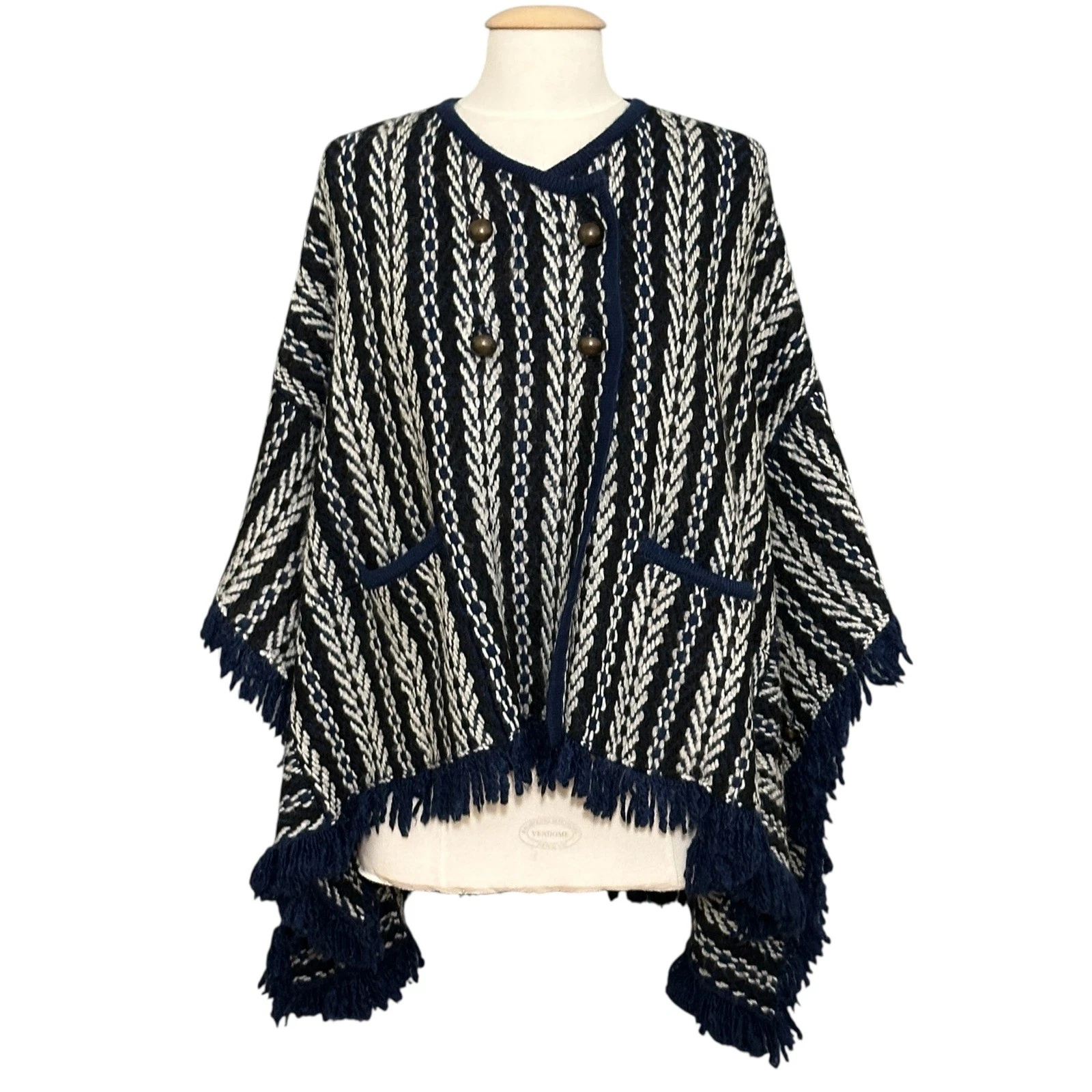 Sleeping on Snow Anthropologie Poncho OS Blue Chunky Fringe Boho Western Hippie