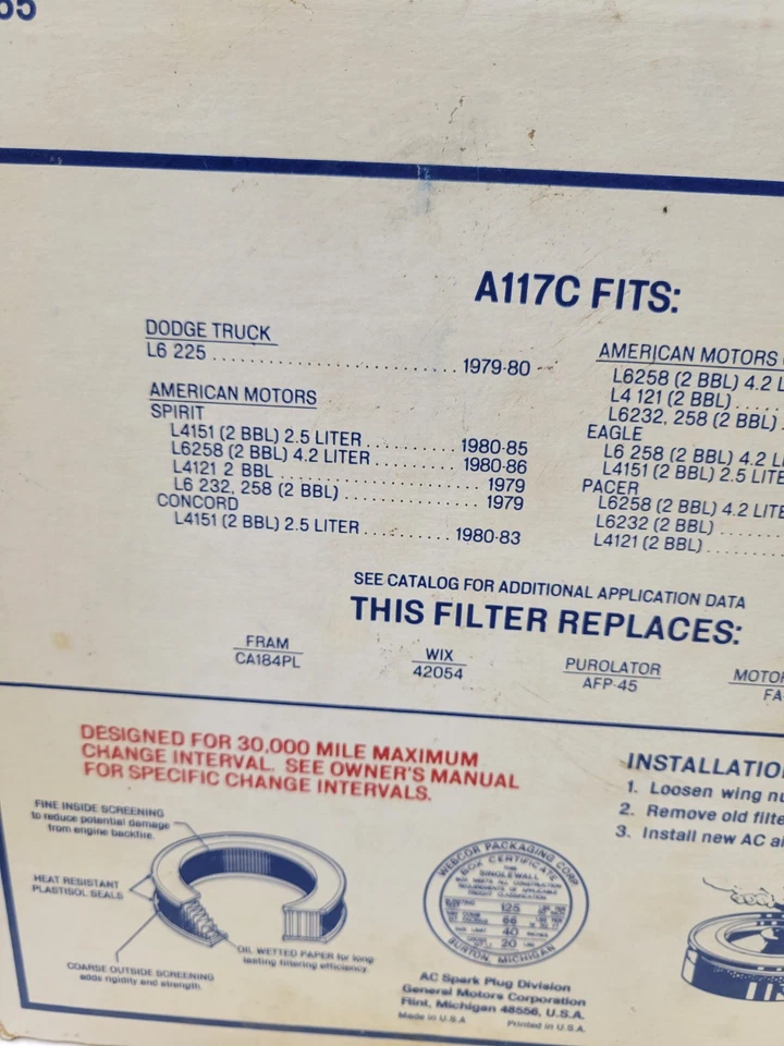 Filtro de aire A117C AC Delco para camioneta Dodge, Eagle Pacer Concord Spirit Foto 3 de 4