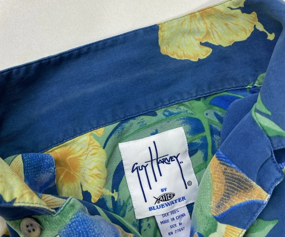 Guy Harvey By ATFCO Bluewater Fish Floral Print Silk Shirt Men Medium Blue - Image 4 of 4