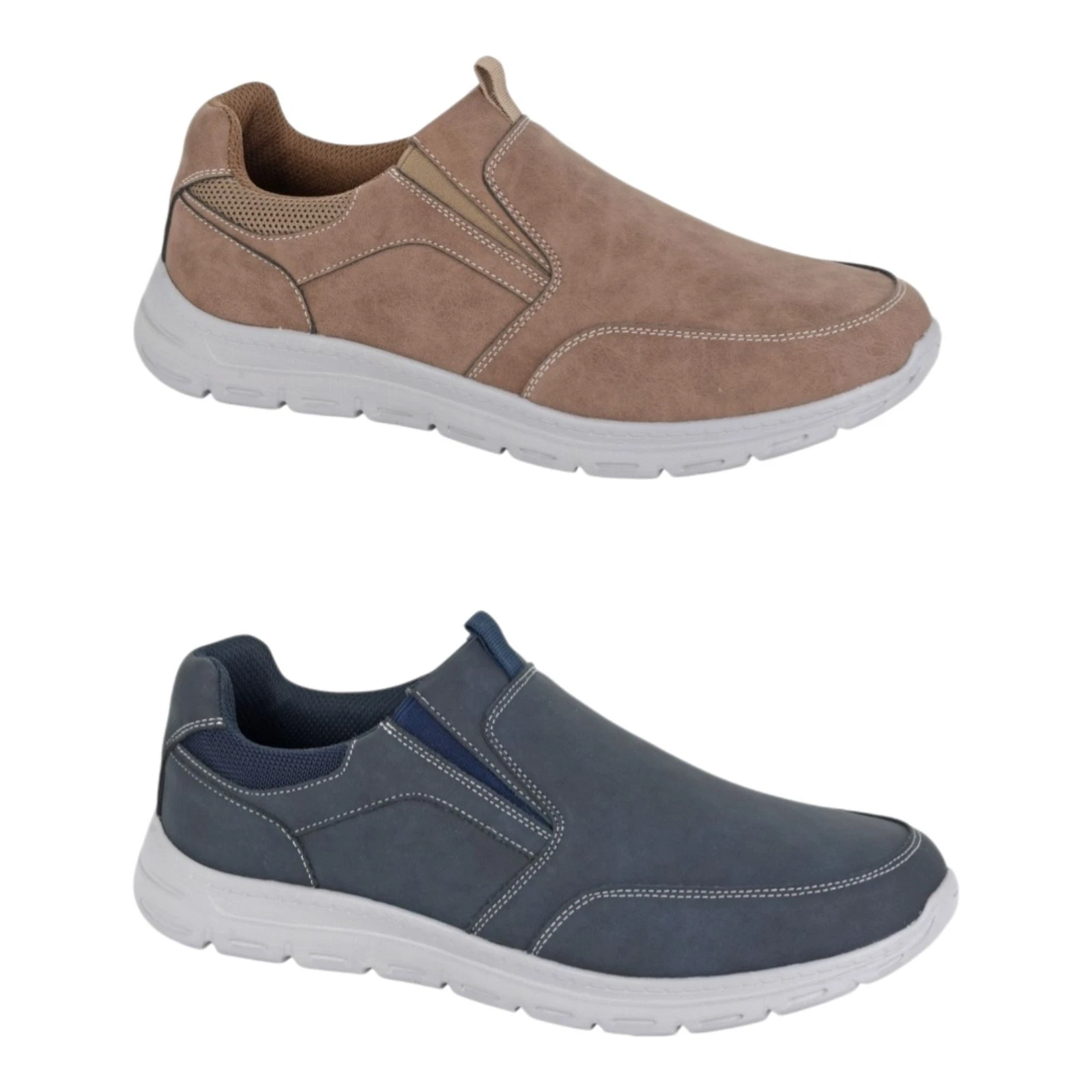 Scimitar Mens Slip On Shoes Navy Tan Faux Leather Lightweight Twin Gusset Size