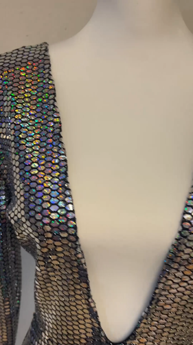 Lashes Deep V Metallic Sequin Romper Long Sleeve Mini Short Holographic Shimmer - Video 1 of 1