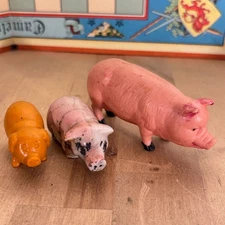 Lot 3 Vtg Collectible Pigs, Stone, Rubber, Plastic, Largest 3.5"l