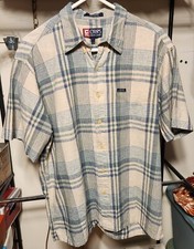 L Chaps Shirt SS Linen blend button up plaid dress shirt blue green cream