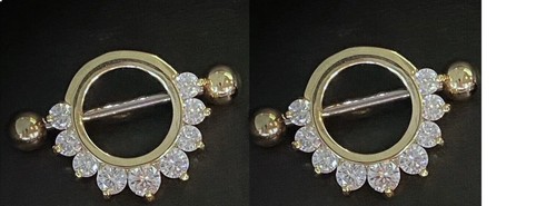 1Ct Round Moissanite Diamond Half Circle Pair Nipple Ring 14K Yellow Gold Plated - Picture 4 of 8