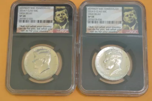 2014 P & D KENNEDY 50TH ANNIVERSARY NGC SP68 HIGH RELIEF CLAD HALF DOLLAR SET
