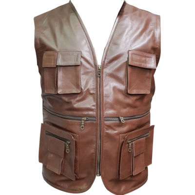 Mens Brown Leather Chrome Hook Bikers Style Vest Waistcoat - B6 - BRW