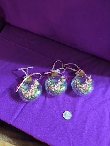 Set 3 - Mundgeblasenes Glas rund Ornament klar mit 3D handbemalten Blumen Rosen