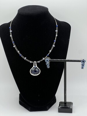 Lia Sophia Blue Gem In Silver Tone Bezel Pendant Floating On Wire/Bead Necklace