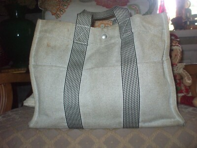 Auth Hermes tweed canvas tote school beach shop work travel shoulder bag #137