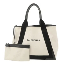 BALENCIAGA M Canvas Leather Tote Bag Ivory Black Cabas 581292 Auth Used