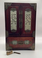 Vintage Chinese Jewelry Box Chest W Lock & Key. Rosewood, Brass And Jade