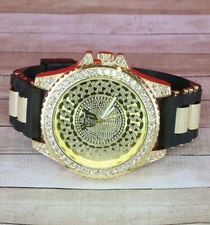 Unisex Luxury Hip Hop Iced Bezel Silicone Band Gold Finish Watch Pharaoh Dial